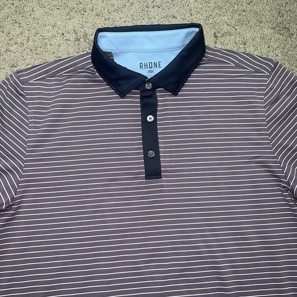 RHONE Golf Sport Polo Shirt Spread Collar Purple Stripe Men Medium